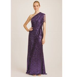 Badgley Mischka One Shoulder Fringed Sequin Maxi Gown 2 Purple NWT